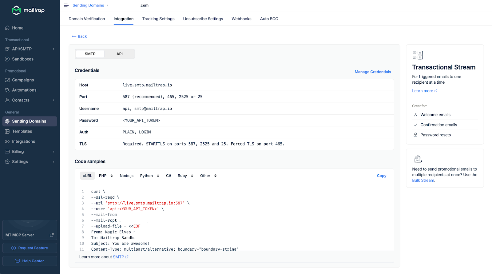 Code integration screen showing Mailtrap SMTP credentials and API keys with sample code snippets for multiple programming languages including Python, Node.js, PHP, and Ruby for quick email sending implementation
